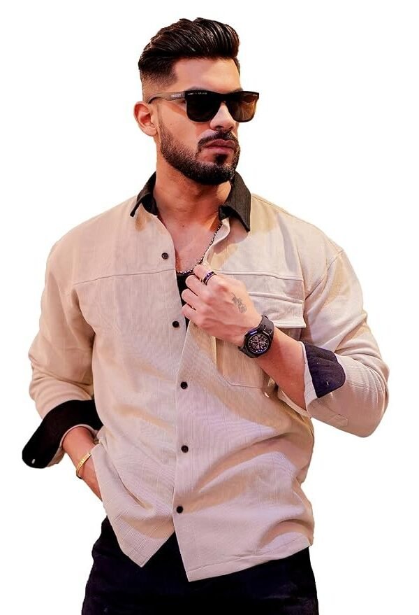 Maniac Mens Solid Collared Neck Full Sleeve Biscuit and Black Cotton Shirt